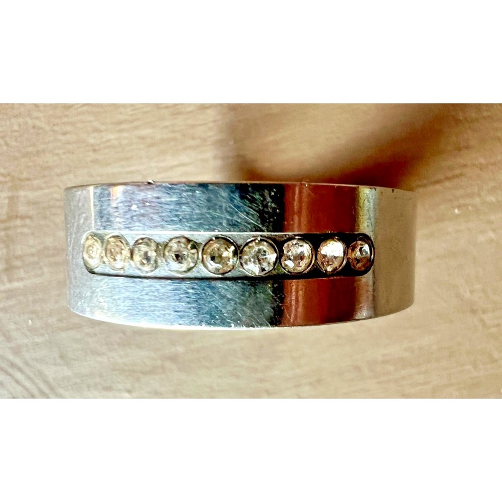 Vintage Mens Silver Tone Ring Size 11 Rhinestone Band Modernist Industrial Style